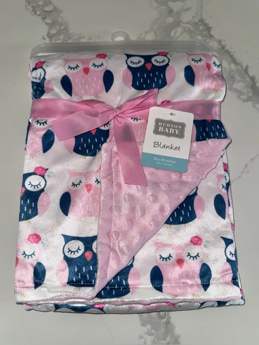 Hudson Baby Pink and Navy Owl Soft Minky Dot Girls’ Blanket NEW